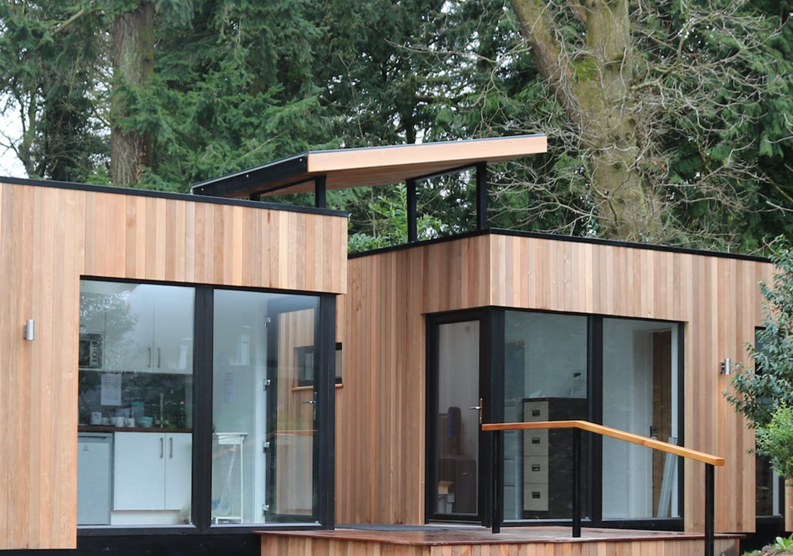 Lodge interior with full-height glazing